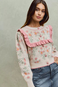 Flower With Ruffle Detailing Sweater Cardigan-So Me-Reef Love