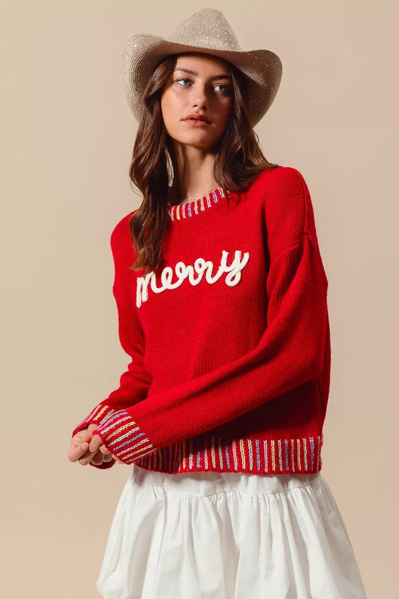 Merry Embroidered Christmas Sweater-Reef Love