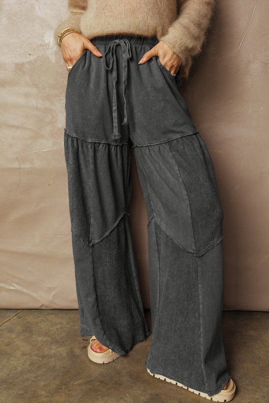 Mineral Wash Patchwork Tiered Wide Leg Comfy Pants-JUNIPER BLVD-Reef Love