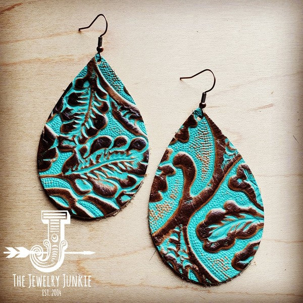 Leather Teardrop Earrings in Cowboy Turquoise 203b-Drop Earrings-Reef Love