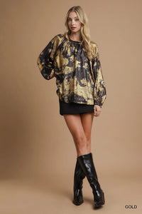 Gold Metallic Blouse with Balloon Sleeves-Gold metallic blouse with balloon sleeves on black base. Oversized, eye-catching fit with a glamorous finish—perfect for parties, date nights, or holidays.-Reef Love Boutique