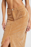 Tan Corduroy Midi Skirt with Front Slit