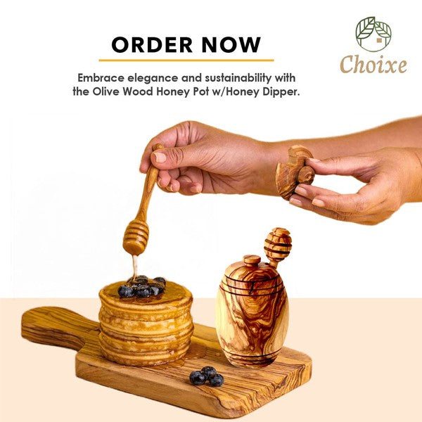 Olive wood honey pot with honey dipper