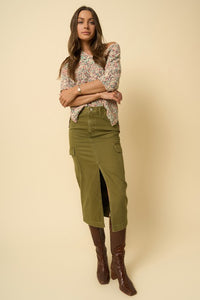 Olive Cargo Denim Midi Skirt