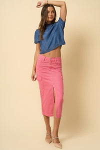 Dusty Pink Cargo Denim Midi Skirt