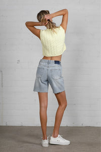 Shop High Rise Mid-Length Bermuda Shorts-These High Rise Bermuda Shorts in medium wash denim feature a raw hem, flattering mid-thigh length, and 100% cotton construction—perfect for warm-weather style.-Reef Love Boho-Chic Boutique