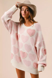 Heart Pattern Sweater with Pearl Detail-BiBi-Reef Love