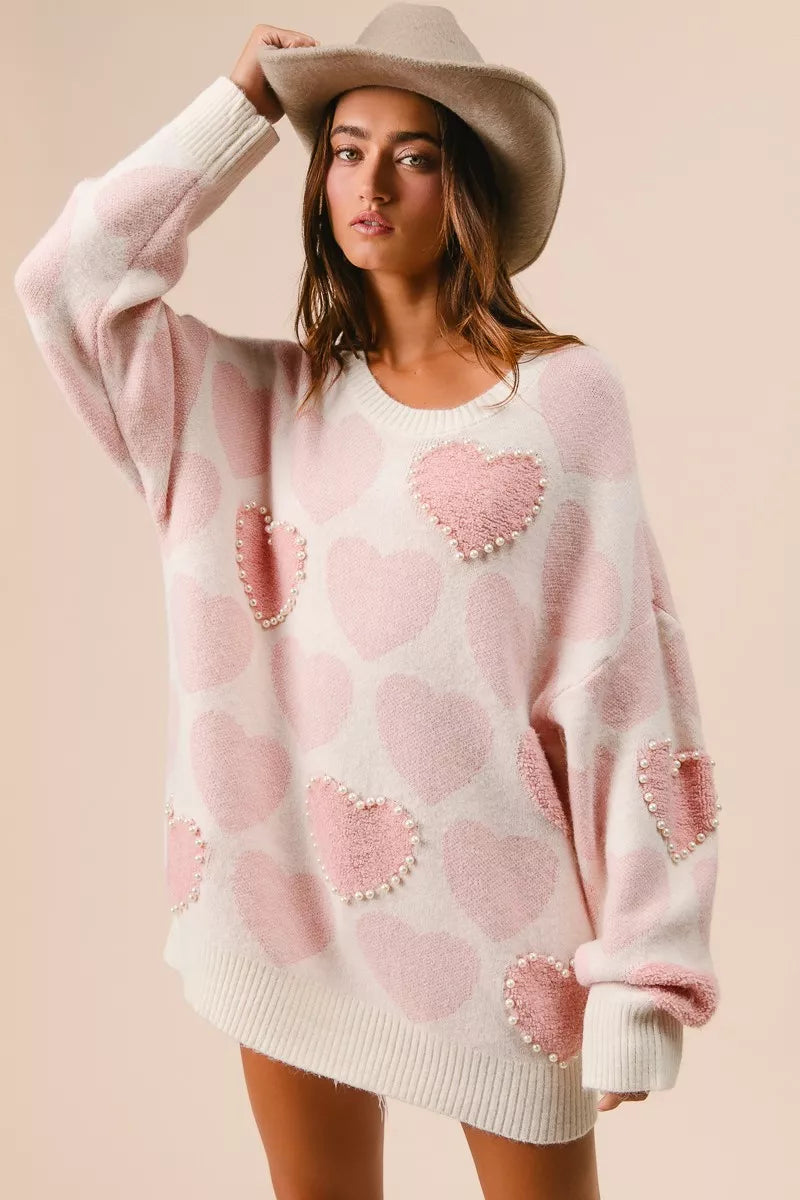 Heart Pattern Sweater with Pearl Detail-BiBi-Reef Love