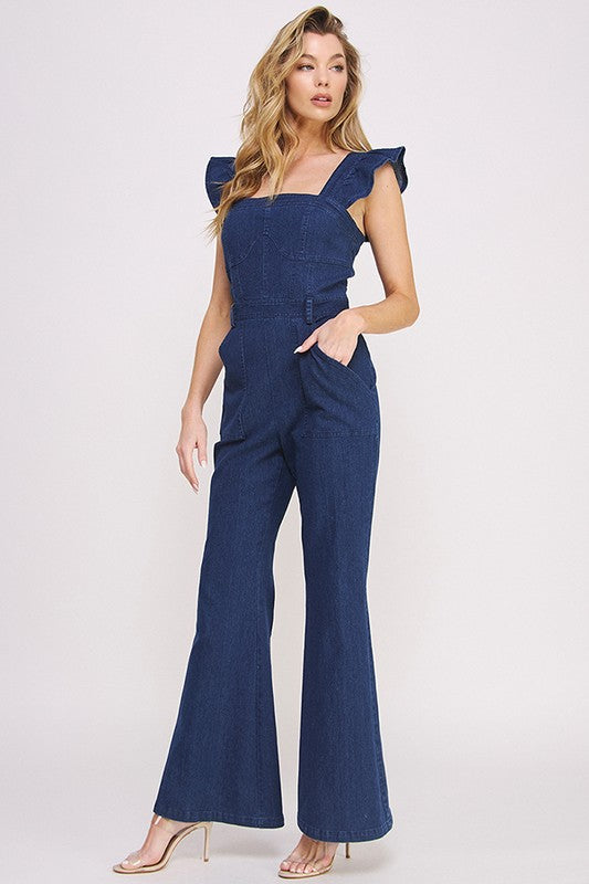 Denim Ruffle Sleeve Flare Leg Jumpsuit