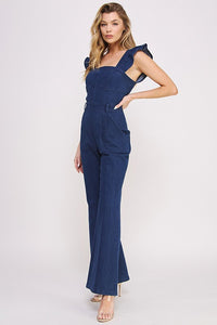 Denim Ruffle Sleeve Flare Leg Jumpsuit