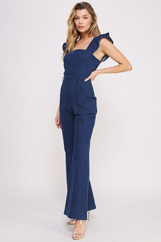 Denim Ruffle Sleeve Flare Leg Jumpsuit