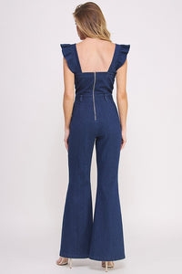 Denim Ruffle Sleeve Flare Leg Jumpsuit
