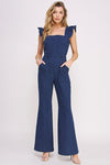Denim Ruffle Sleeve Flare Leg Jumpsuit