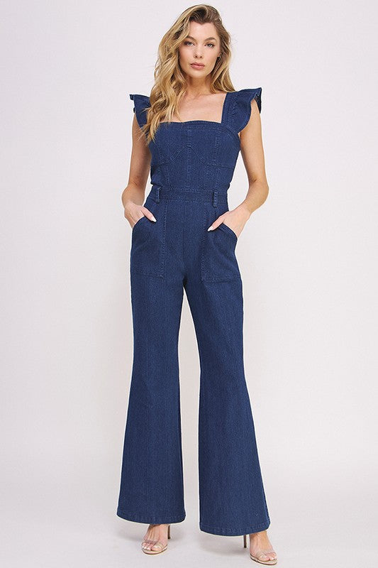 Denim Ruffle Sleeve Flare Leg Jumpsuit