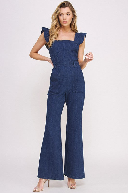 Denim Ruffle Sleeve Flare Leg Jumpsuit