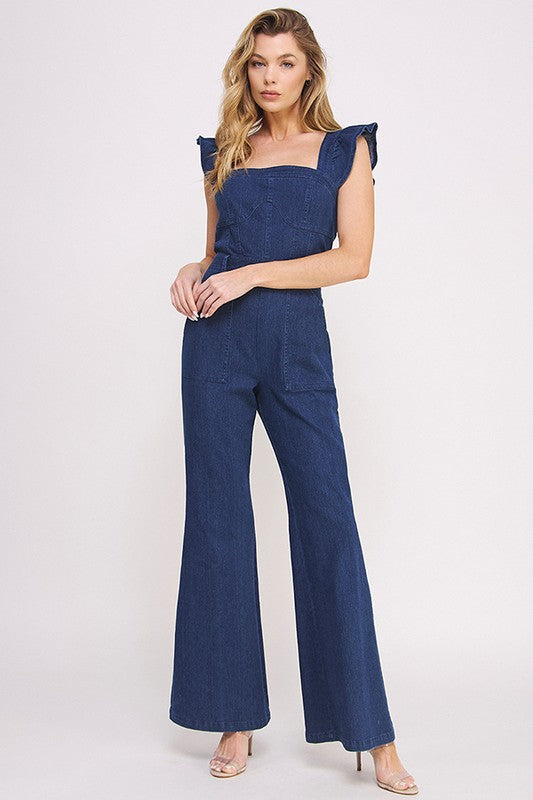 Denim Ruffle Sleeve Flare Leg Jumpsuit