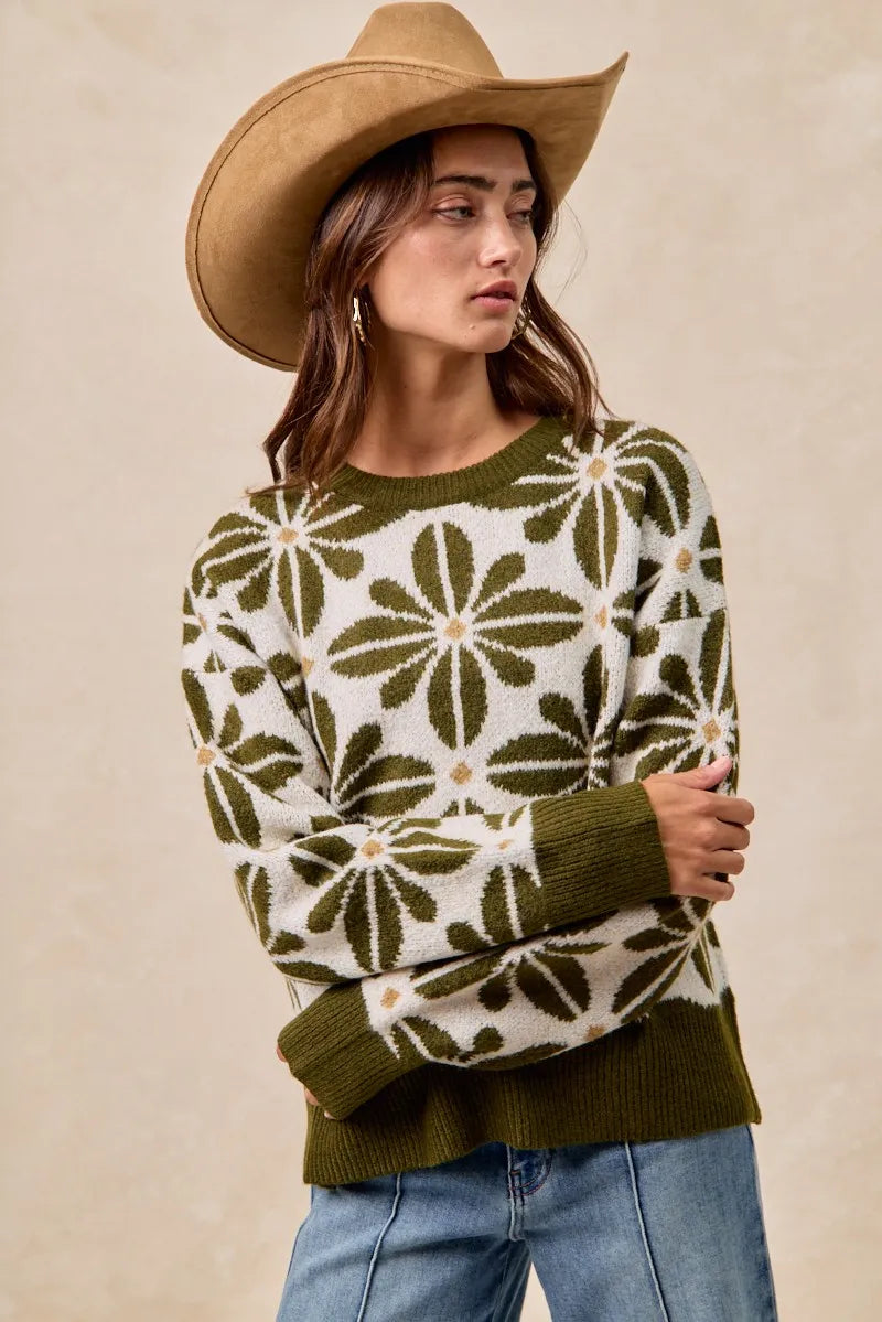 BiBi Flower Pattern Long Sleeve Sweater-Reef Love Boutique