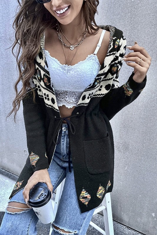Black Geo Pattern Hooded Cardigan with Tie Belt-Hope Horizon-Reef Love