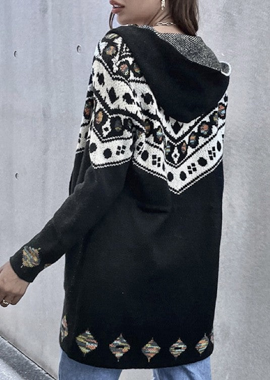 Black Geo Pattern Hooded Cardigan with Tie Belt-Hope Horizon-Reef Love