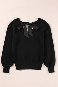 Bow Back Lantern Sleeve V-Neck Sweater-Reef Love