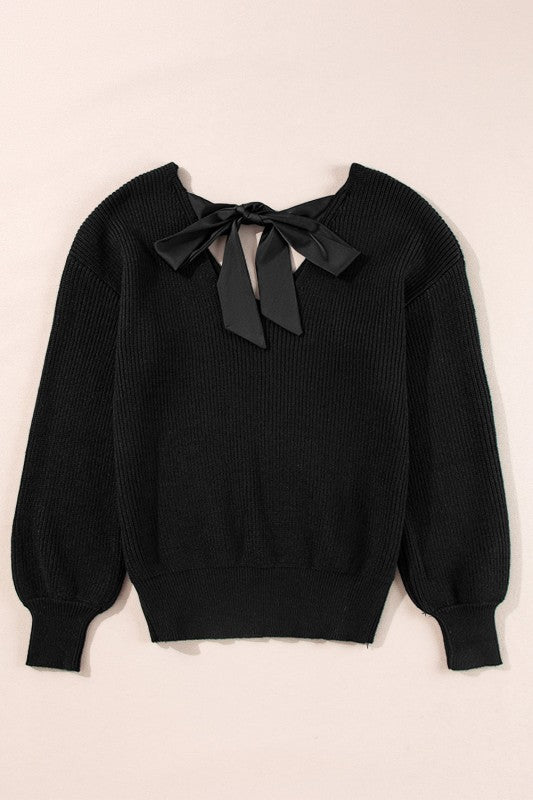 Bow Back Lantern Sleeve V-Neck Sweater-Reef Love