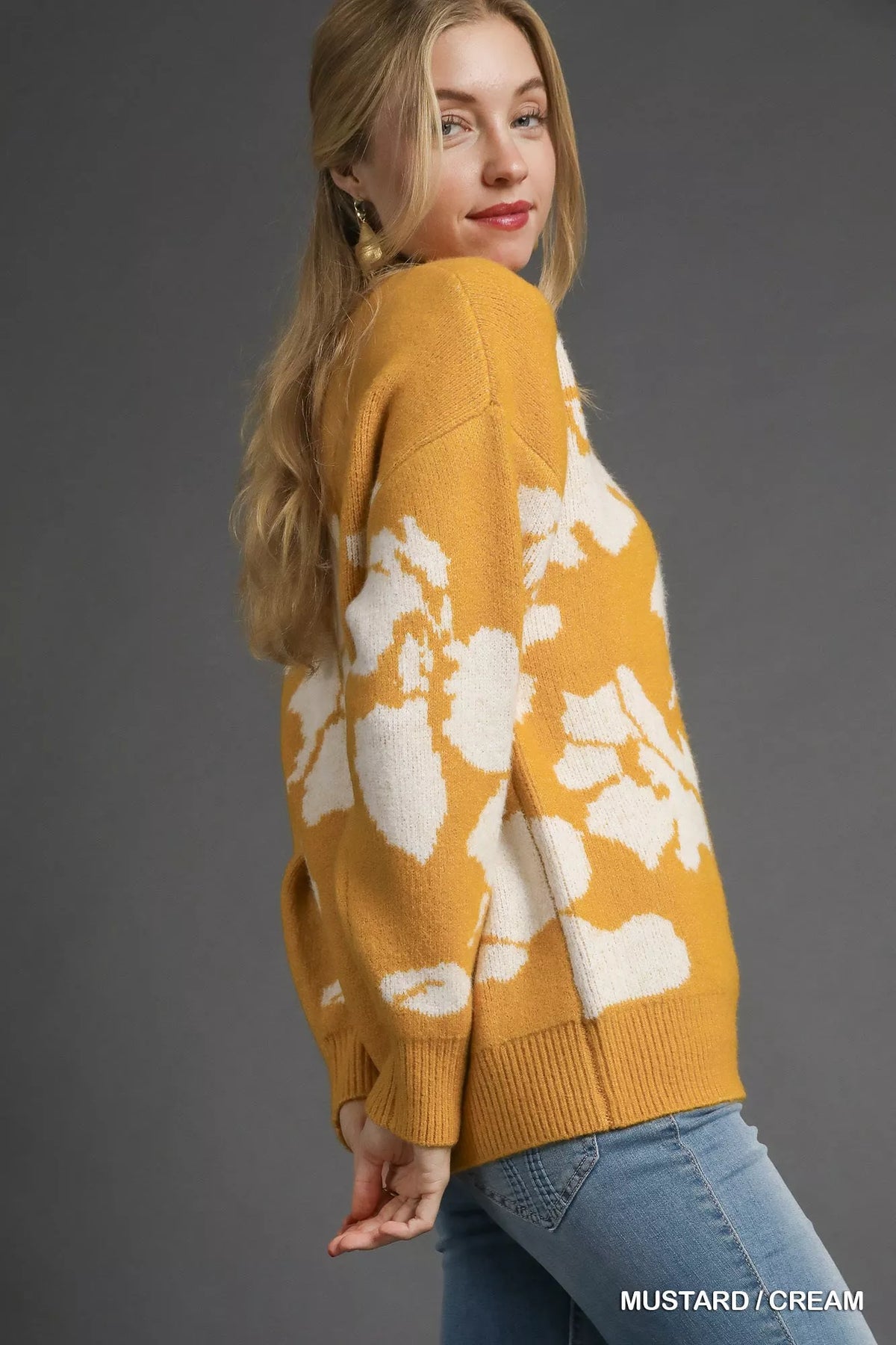 Floral Oversized Long Sleeve Sweater, Mustard