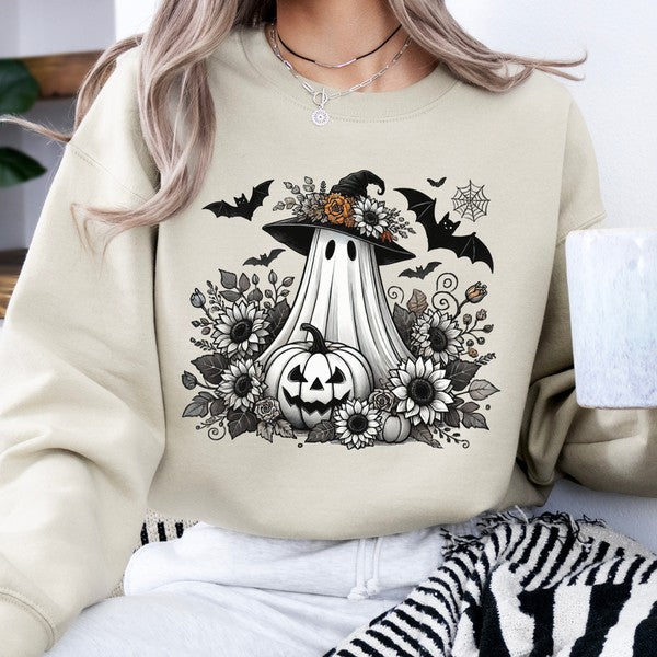 Halloween Flower Patch Ghost Graphic Sweatshirt