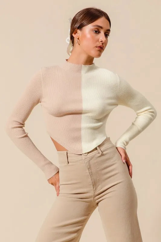 Taupe Color Block Fitted Crop Sweater