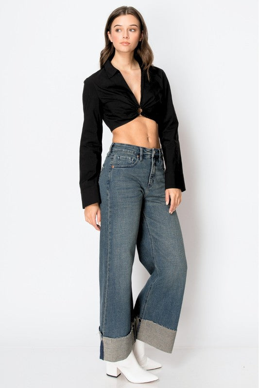 Tummy Control High Rise Cuffed Wide Leg Jeans