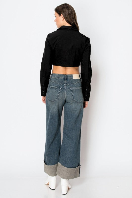 Tummy Control High Rise Cuffed Wide Leg Jeans
