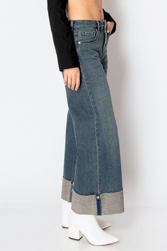 Tummy Control High Rise Cuffed Wide Leg Jeans
