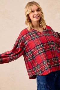 Christmas Plaid V-Neck Flounce Sleeve Jacket