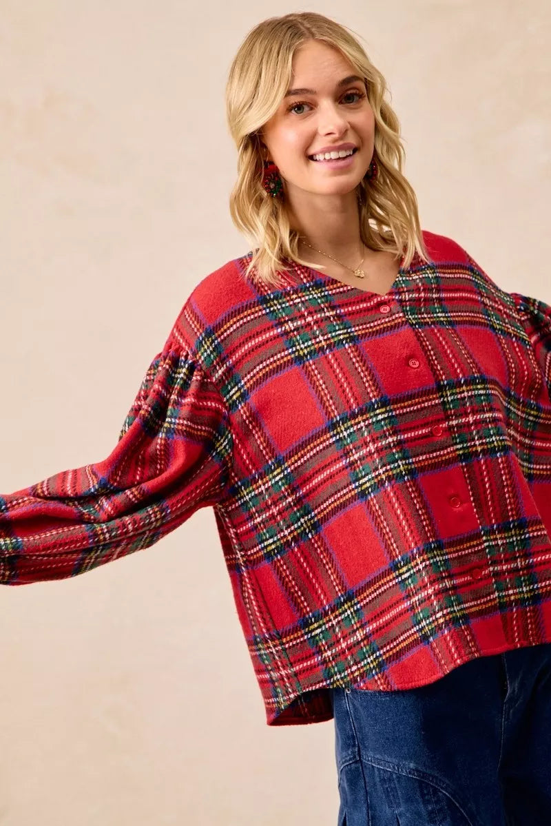 Christmas Plaid V-Neck Flounce Sleeve Jacket