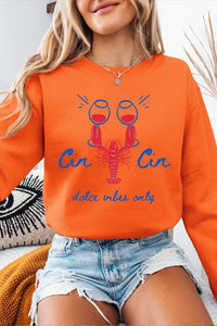 Cin Cin Lobster Celebration Graphic Sweatshirt-The Cin Cin Lobster Sweatshirt combines coastal charm and comfort with a bold lobster graphic and Italian toast. For seafood lovers, wine fans, beach getaways.-Reef Love Boutique