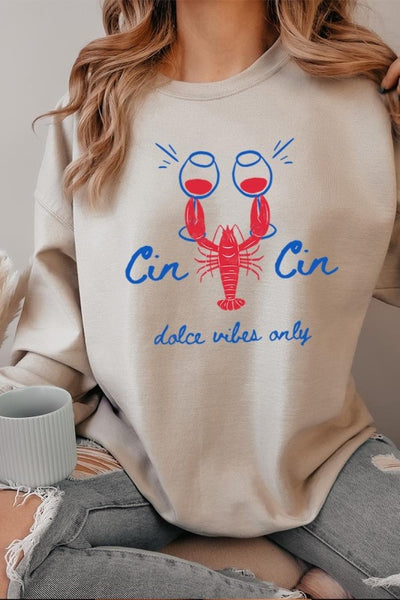 Cin Cin Lobster Celebration Graphic Sweatshirt-The Cin Cin Lobster Sweatshirt combines coastal charm and comfort with a bold lobster graphic and Italian toast. For seafood lovers, wine fans, beach getaways.-Reef Love Boutique