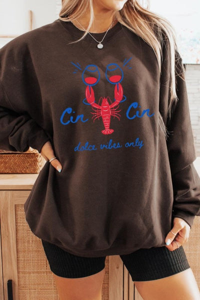 Cin Cin Lobster Celebration Graphic Sweatshirt-The Cin Cin Lobster Sweatshirt combines coastal charm and comfort with a bold lobster graphic and Italian toast. For seafood lovers, wine fans, beach getaways.-Reef Love Boutique
