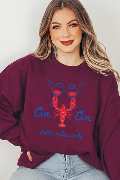 Cin Cin Lobster Celebration Graphic Sweatshirt-The Cin Cin Lobster Sweatshirt combines coastal charm and comfort with a bold lobster graphic and Italian toast. For seafood lovers, wine fans, beach getaways.-Reef Love Boutique