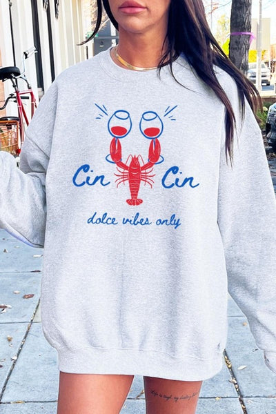 Cin Cin Lobster Celebration Graphic Sweatshirt-The Cin Cin Lobster Sweatshirt combines coastal charm and comfort with a bold lobster graphic and Italian toast. For seafood lovers, wine fans, beach getaways.-Reef Love Boutique