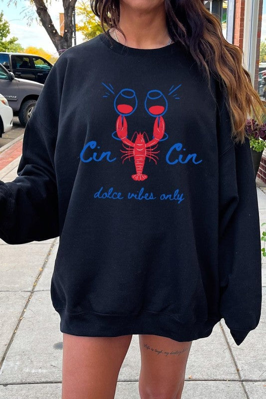Cin Cin Lobster Celebration Graphic Sweatshirt-The Cin Cin Lobster Sweatshirt combines coastal charm and comfort with a bold lobster graphic and Italian toast. For seafood lovers, wine fans, beach getaways.-Reef Love Boutique