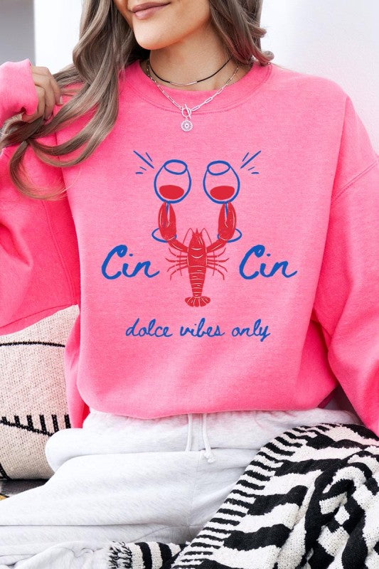 Cin Cin Lobster Celebration Graphic Sweatshirt-The Cin Cin Lobster Sweatshirt combines coastal charm and comfort with a bold lobster graphic and Italian toast. For seafood lovers, wine fans, beach getaways.-Reef Love Boutique