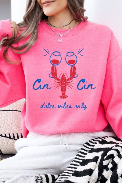 Cin Cin Lobster Celebration Graphic Sweatshirt-The Cin Cin Lobster Sweatshirt combines coastal charm and comfort with a bold lobster graphic and Italian toast. For seafood lovers, wine fans, beach getaways.-Reef Love Boutique