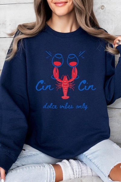 Cin Cin Lobster Celebration Graphic Sweatshirt-The Cin Cin Lobster Sweatshirt combines coastal charm and comfort with a bold lobster graphic and Italian toast. For seafood lovers, wine fans, beach getaways.-Reef Love Boutique