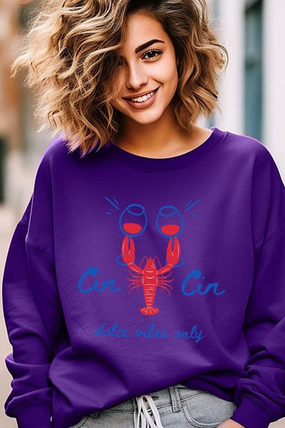 Cin Cin Lobster Celebration Graphic Sweatshirt-The Cin Cin Lobster Sweatshirt combines coastal charm and comfort with a bold lobster graphic and Italian toast. For seafood lovers, wine fans, beach getaways.-Reef Love Boutique