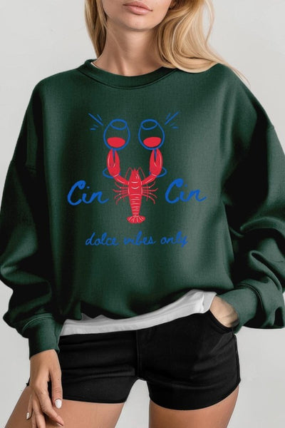 Cin Cin Lobster Celebration Graphic Sweatshirt-The Cin Cin Lobster Sweatshirt combines coastal charm and comfort with a bold lobster graphic and Italian toast. For seafood lovers, wine fans, beach getaways.-Reef Love Boutique