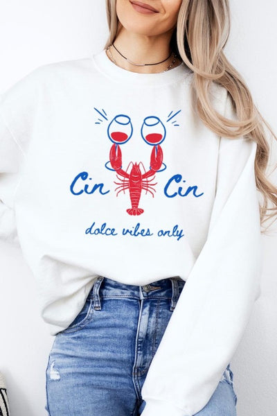 Cin Cin Lobster Celebration Graphic Sweatshirt-The Cin Cin Lobster Sweatshirt combines coastal charm and comfort with a bold lobster graphic and Italian toast. For seafood lovers, wine fans, beach getaways.-Reef Love Boutique