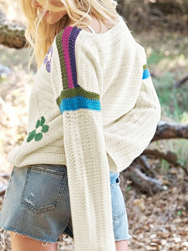 Boho Floral Eyelet Crochet Sweater-Reef Love