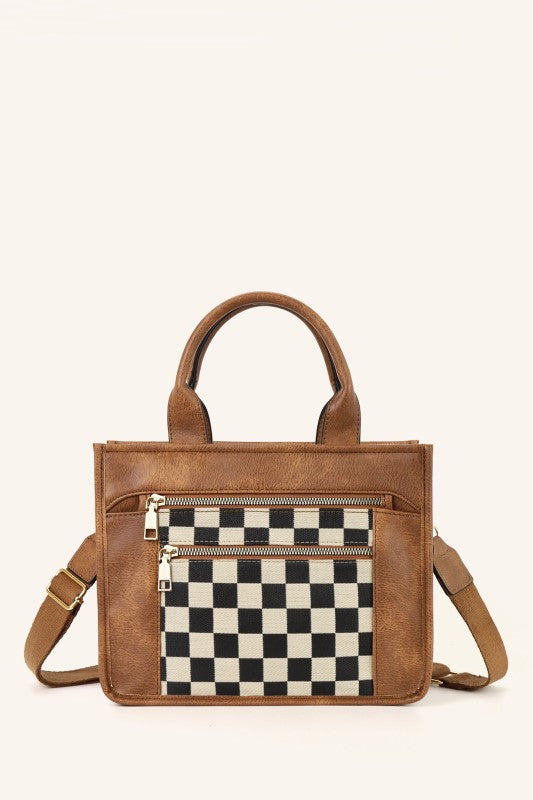 Jordan Mixed Media Checkered Crossbody Structured Tote Bag-Aili's Corner-Reef Love