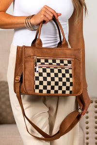 Jordan Mixed Media Checkered Crossbody Structured Tote Bag-Aili's Corner-Reef Love