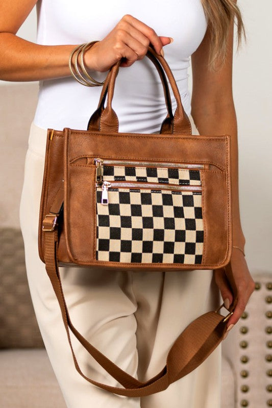 Jordan Mixed Media Checkered Crossbody Structured Tote Bag-Aili's Corner-Reef Love