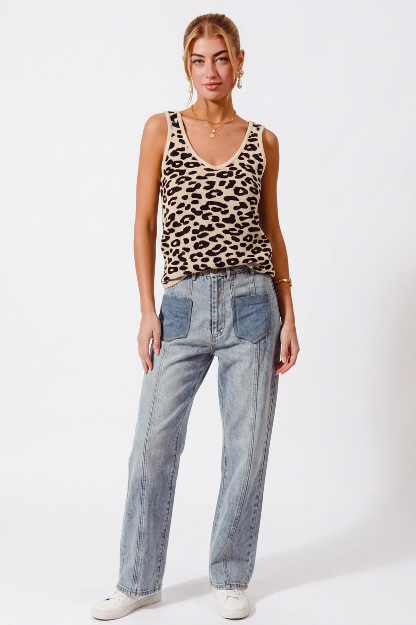 Chic leopard print knitted V-neck tank top, perfect for layering or warm weather.